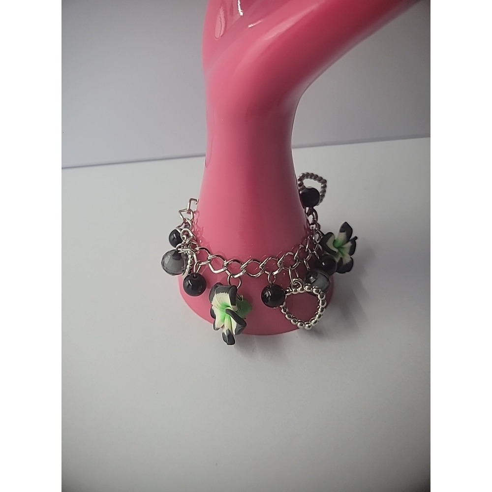 Vintage Bracelet Chain Drop Dangle Flowers Beaded Black Hearts Charm Jewelry - Picture 2 of 10